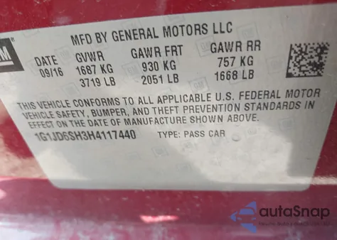 2017 Chevrolet Sonic Lt Auto from USA, damaged, VIN 1G1JD6SH3H4117440